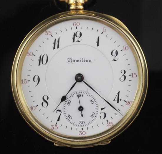 A George V 18ct gold Hamilton open face keyless lever pocket watch and an 9ct gold curblink albert,